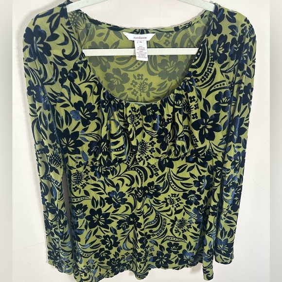 Sundance Floral Velvet Burnout Shirred Bust Top Blouse Green Goth Fairy size M - Picture 1 of 7
